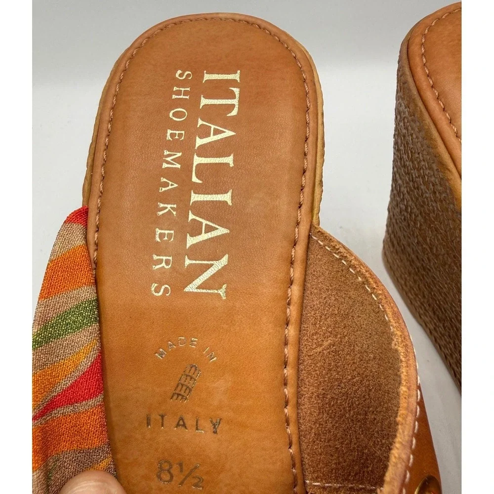 Italian Shoemaker Women 8.5 Multicolor Strap Slip On Wedge Heel Open Toe Sandals